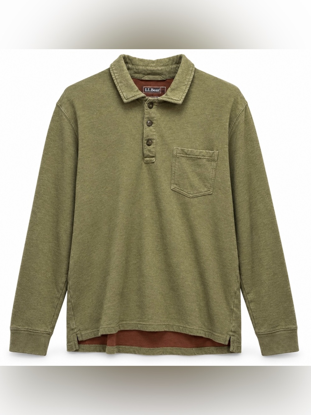 LL Bean Mens L Long Sleeve Polo Shirt Olive Green Brown Layered Hem Pocket